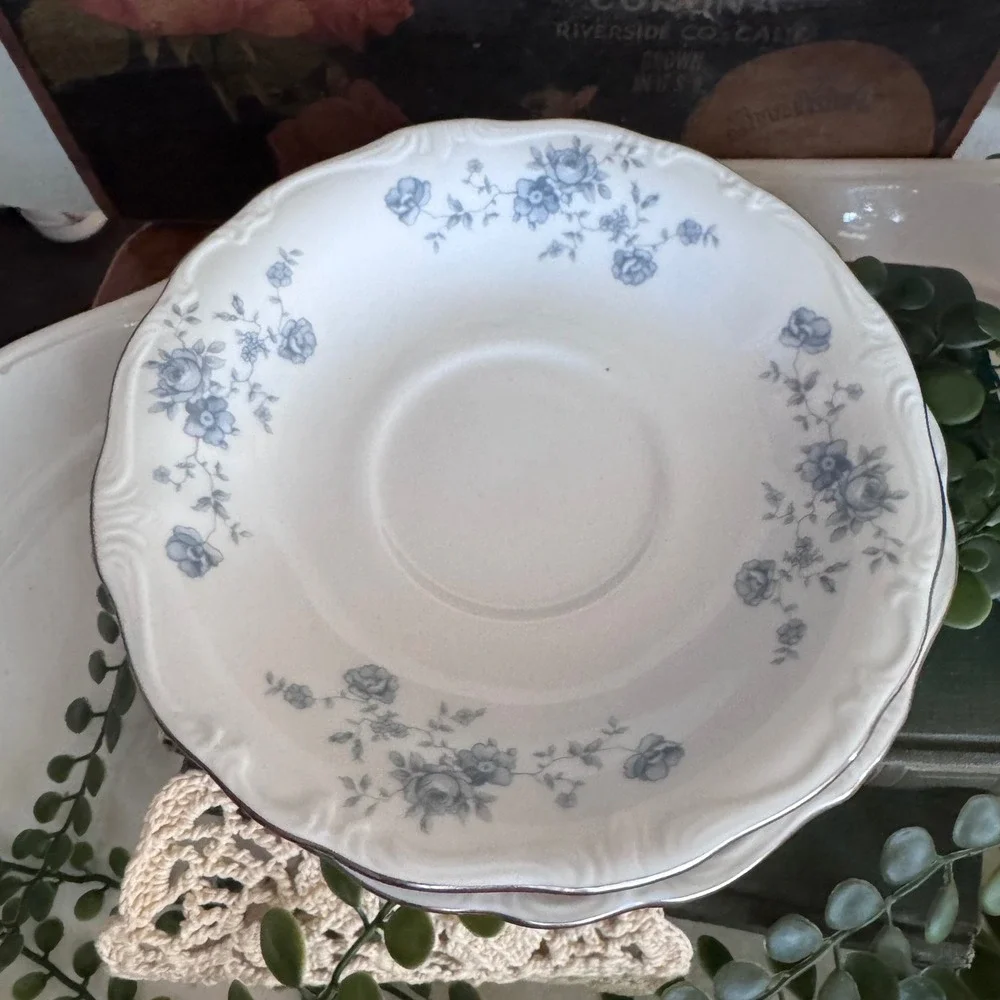 Johann Haviland Blue Garland Saucers Set of 4 Bavaria Germany Blue Rose Platinum